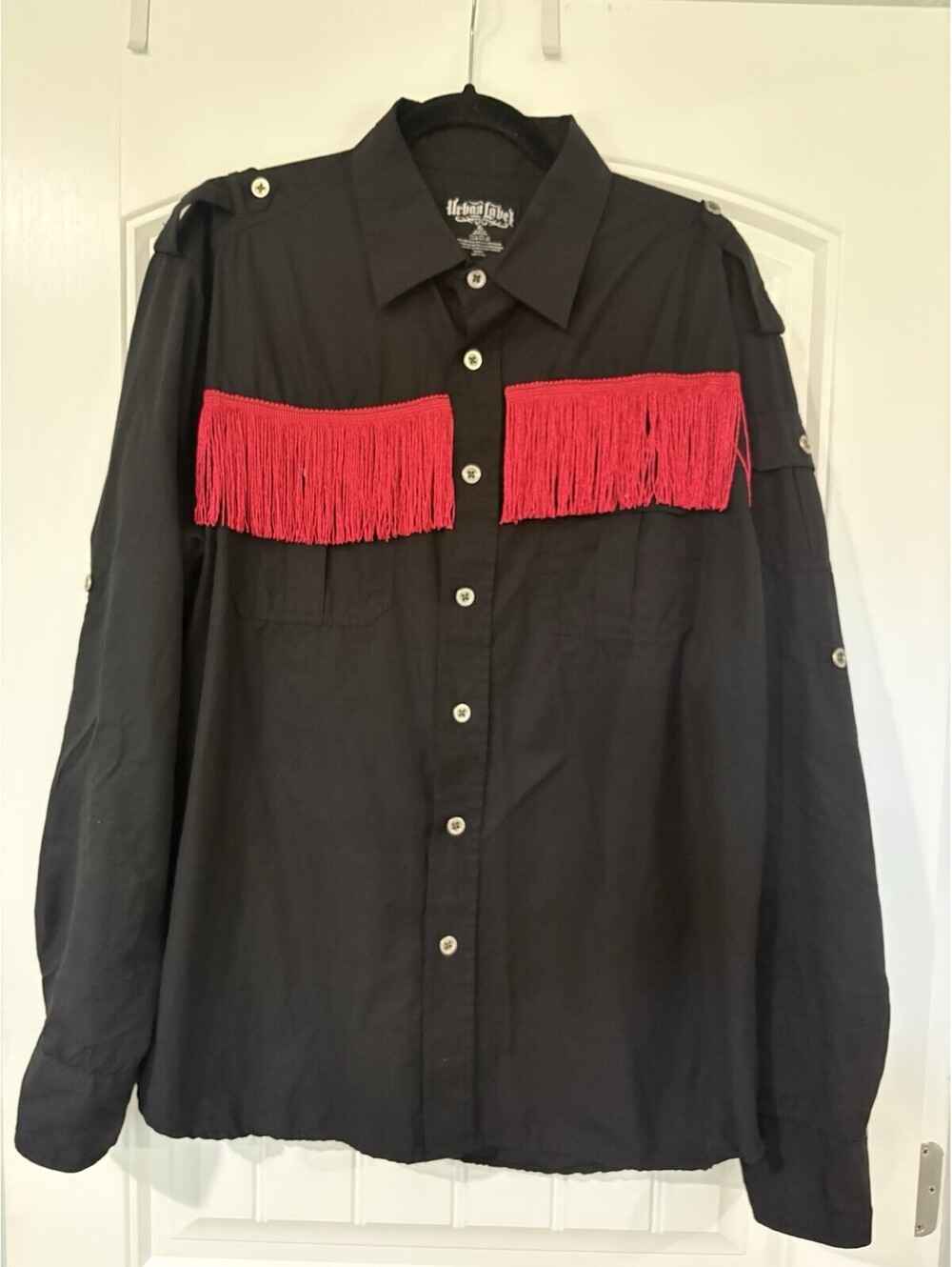 Urban Label Shirt Women’s XL Black Double Sided Fringe Button Up Roll Sleeve